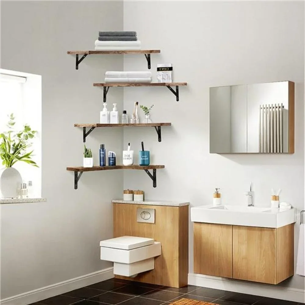 Corner Floating Shelves Wall Mounted Set of 4, Rustic Wood Wall Storage Shelves